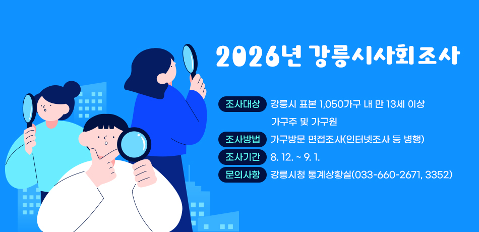2026년 강릉시사회조사
- 조사대상 : 강릉시 표본 1,050가구 내 만 13세 이상 가구주 및 가구원
- 조사방법 : 가구방문 면접조사(인터넷조사 등 병행)
- 조사기간 : 8. 12. ~ 9. 1.
- 문의사항 : 강릉시청 통계상황실(033-660-2671, 3352)