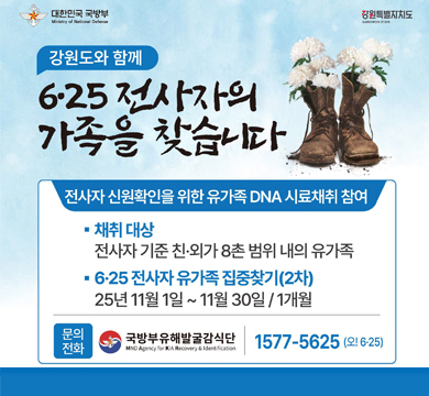 강원도와 함께 6·25 전사자의 가족을 찾습니다
전사자 신원확인을 위한 유가족 DNA 시료채취 참여
채취대상 : 전사자 기준 친·외가 8촌 범위 내의 유가족
6·25 전사자 유가족 집중찾기(2차)
25년 11월 1일 ~ 11월 30일 / 1개월
문의전화 : 국방부유해발굴감식단 1577-5625(외 6·25)